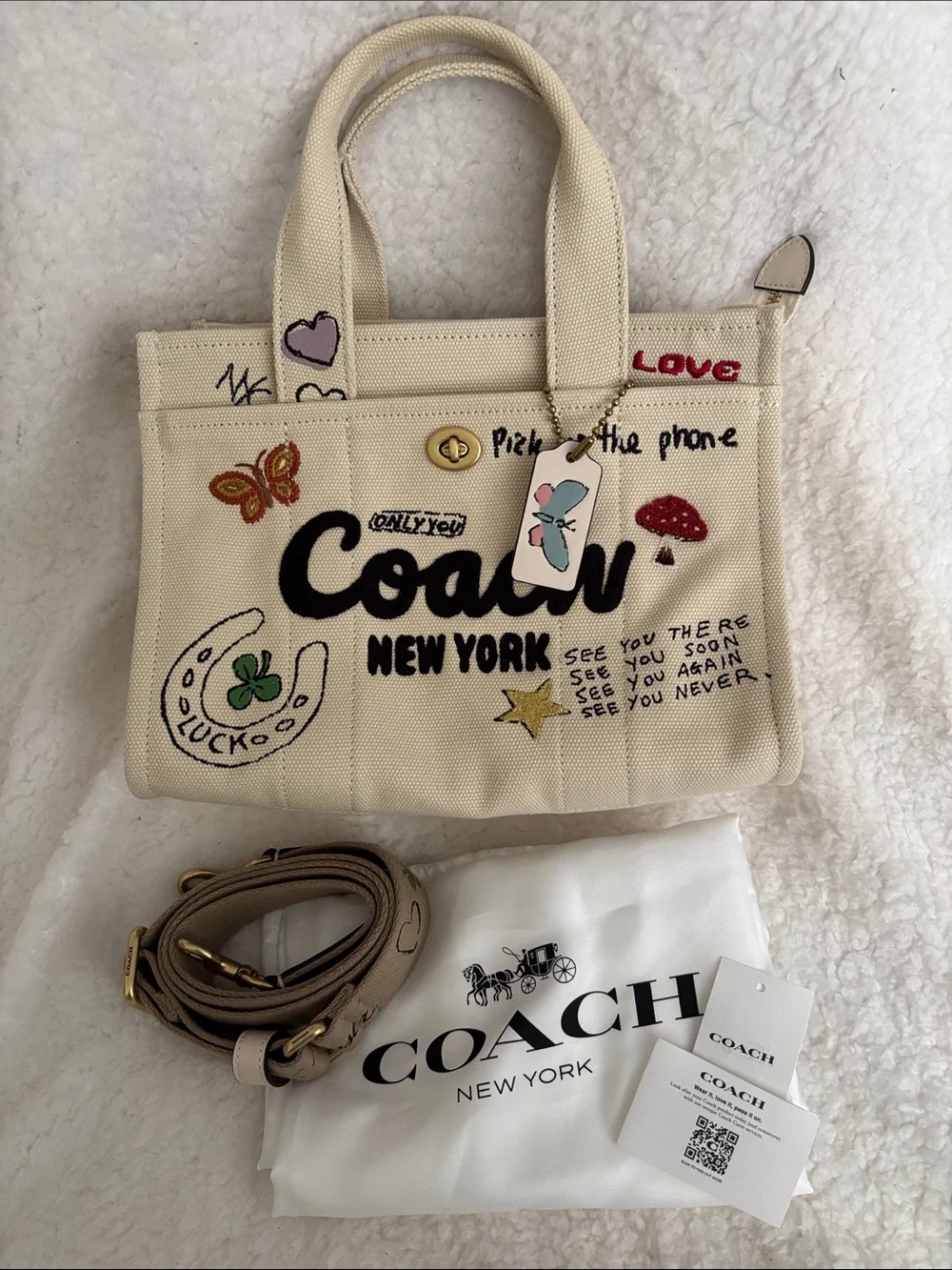 Coach New York Beige Canvas Patch Satchel with Colorful Embroidered Motifs